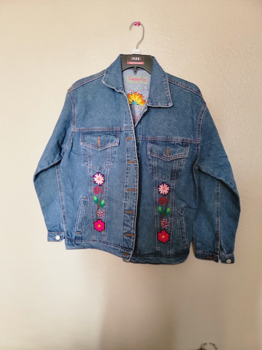 Flower Embroidered Blue Denim Jacket - Women's